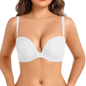 Strapless Push Up Convertible Lace Padded Plunge Bra with Clear Straps